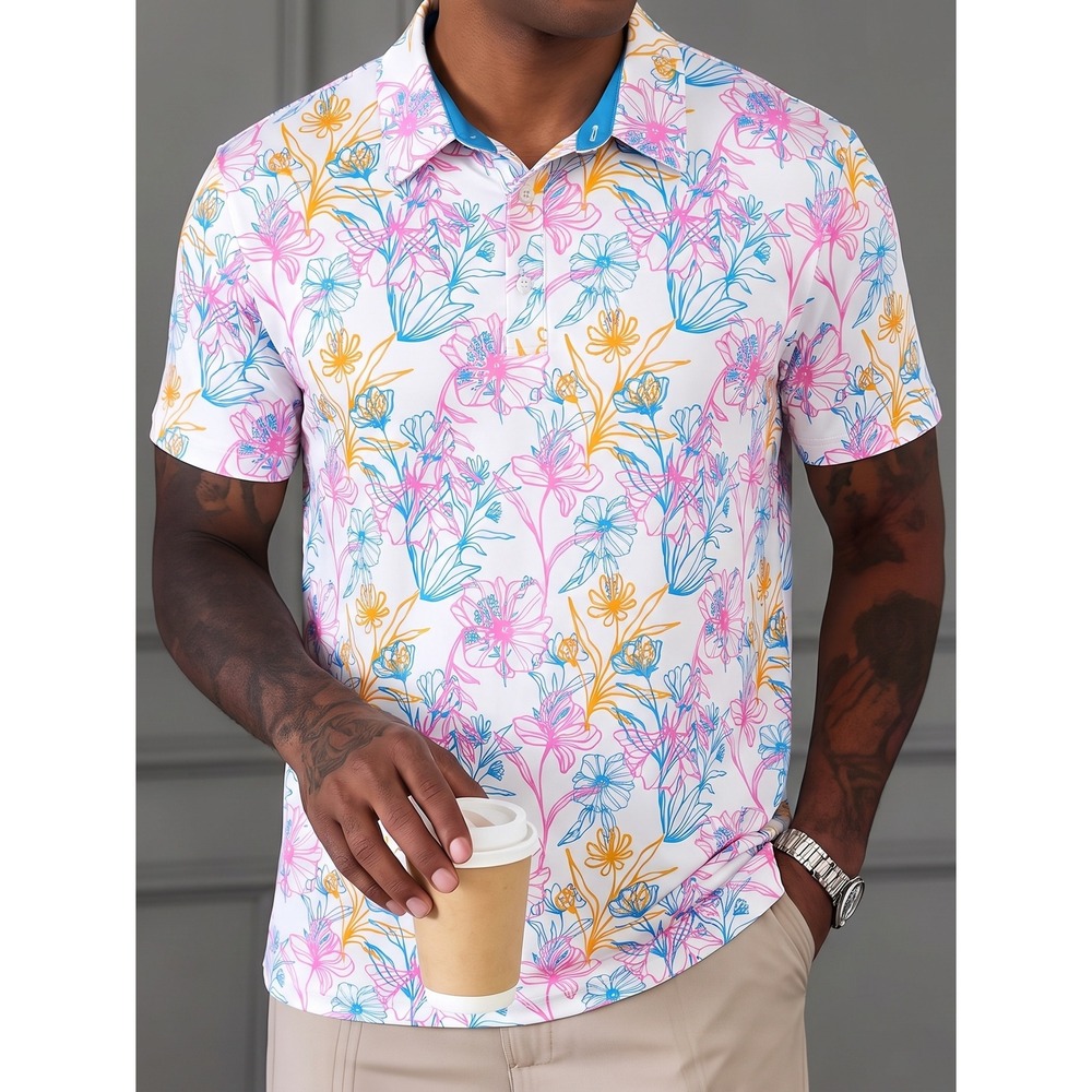 Birdie Bound Golf Polo Mens XL White Floral UPF 50+ 4-Way Stretch Short Sleeve